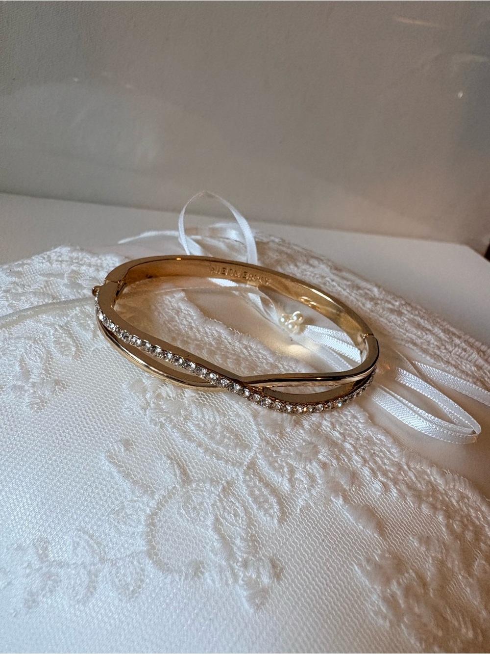 Anne Klein Gold Tone Crisscross Crystal Pavé Hinged Bangle Bracelet